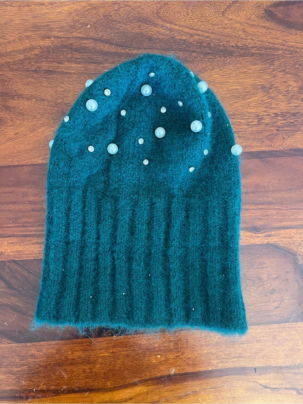 Anthropologie Teal Fuzzy Knit Beanie with Rhinestone Accent